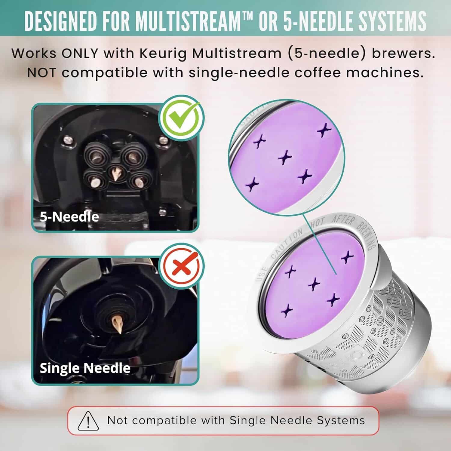 Reusable K Cups for Keurig: Stainless steel refillable K-Cup compatible with Multistream (5-needle) brewers like K Supreme, K-Duo Gen 2, and K Slim. Not for single-needle systems.