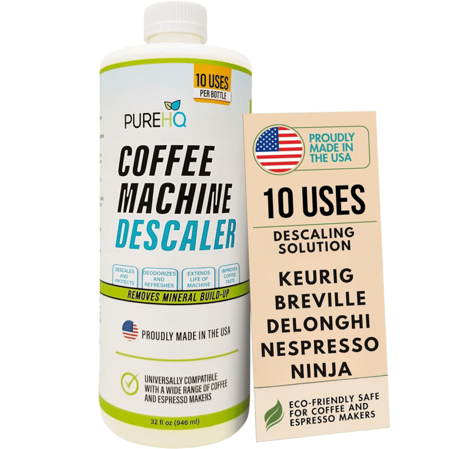 Coffee Machine Descaler: Universal descaling solution for Keurig, Nespresso, Delonghi, Breville, and other coffee machines. Made in USA, 10 uses.