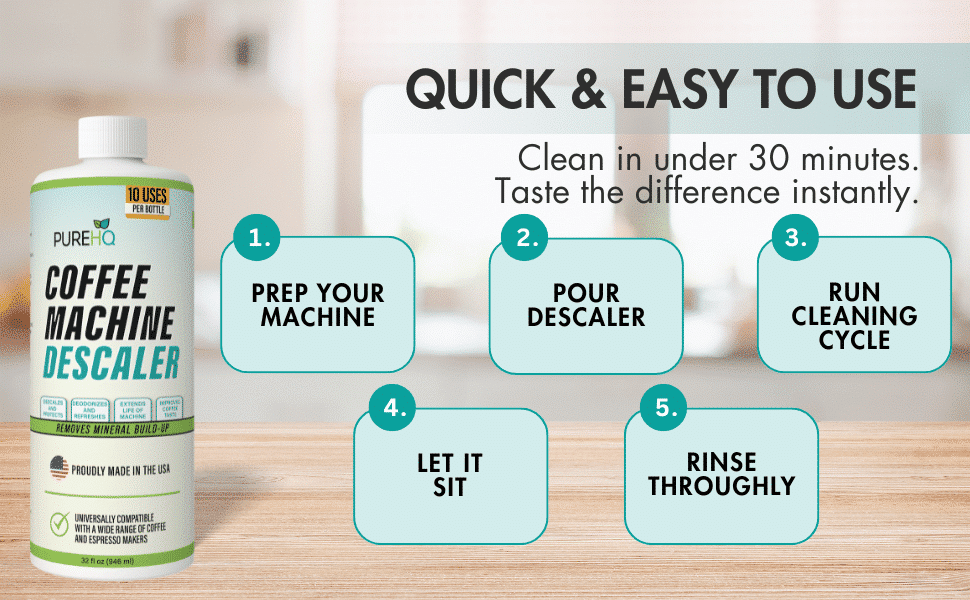 PUREHQ Coffee Machine Descaler: Keurig, Nespresso, Delonghi, Breville &amp; all coffee machines. 10 uses. Made in USA.