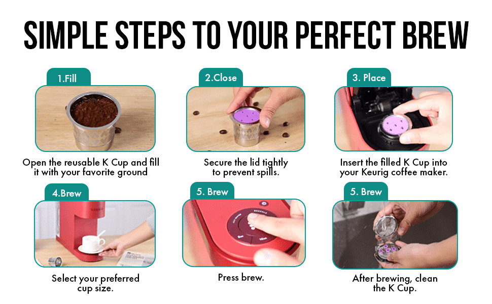 Steps to brew with Reusable K Cups for Keurig: Fill, close, place, brew, clean. Stainless steel refillable K-Cup for Keurig K Supreme, K-Duo Gen 2, K Slim Coffee Makers.
