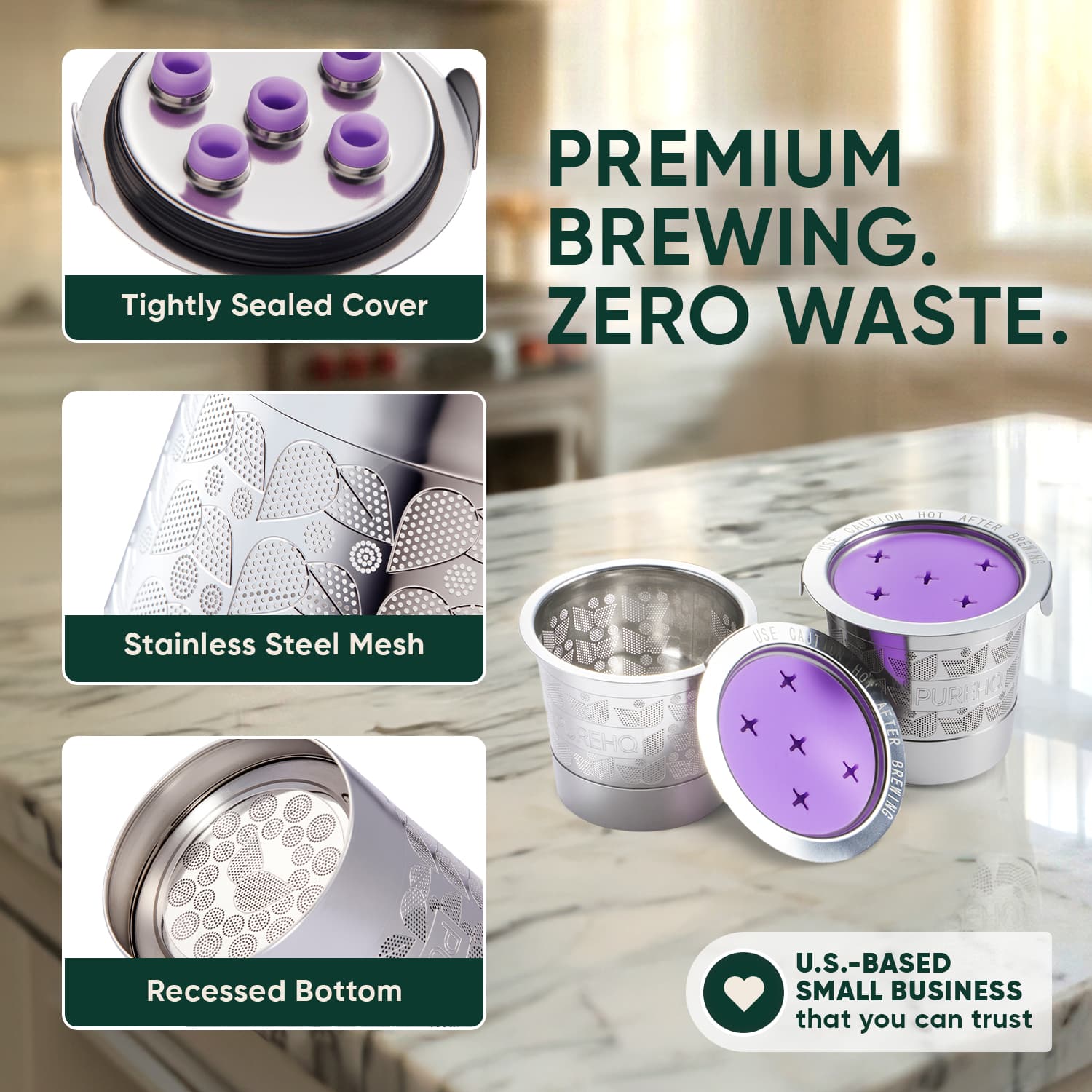 Reusable stainless steel K-Cups for Keurig MultiStream coffee makers, showing a tightly sealed cover and mesh filter.