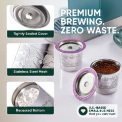 Two reusable stainless steel K-Cups for Keurig coffee makers, one filled with coffee grounds.
