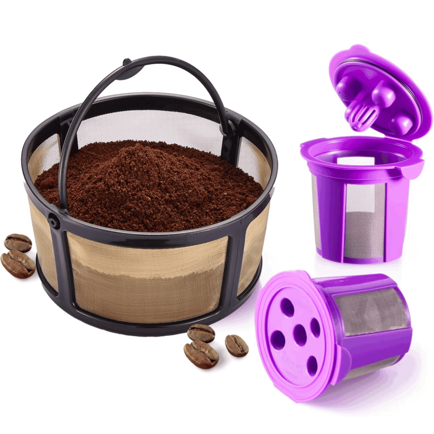 Reusable Mesh Coffee Filter Basket for Keurig K Duo Coffee Maker (Gen 2) and Keurig K-Duo Essentials, With 2 Refillable K Cups Pod by PureHQ - Gold Tone Carafe Replacement Filter - Value Pack