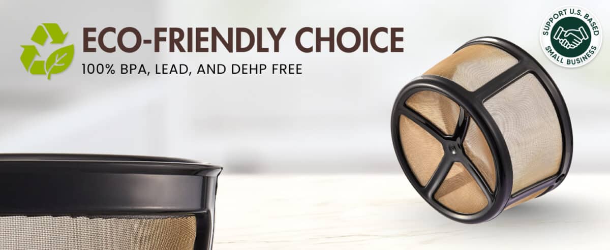 Gold-tone reusable mesh coffee filter for Keurig K-Duo, eco-friendly and BPA-free.