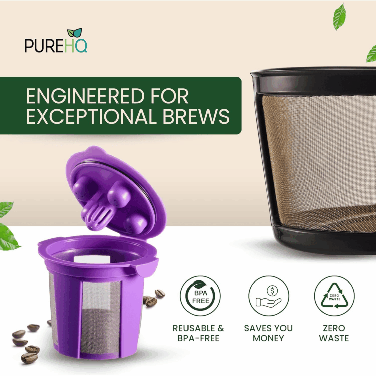 Alternative view of Reusable Mesh Coffee Filter Basket for Keurig K Duo Coffee Maker (Gen 2) and Keurig K-Duo Essentials, With 2 Refillable K Cups Pod by PureHQ - Gold Tone Carafe Replacement Filter - Value Pack