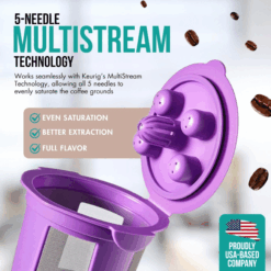 Reusable K-Cup filter with 5-needle multistream for Keurig K Duo coffee makers, ensures even saturation & full flavor.