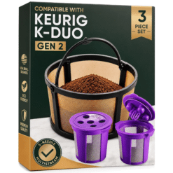 Gold-tone reusable mesh coffee filter for Keurig K-Duo Gen 2, with 2 refillable K-cups.