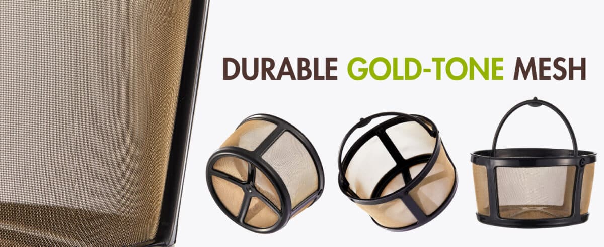 Gold-tone mesh reusable coffee filters for Keurig K-Duo machines, including a carafe filter and K-cup filters.
