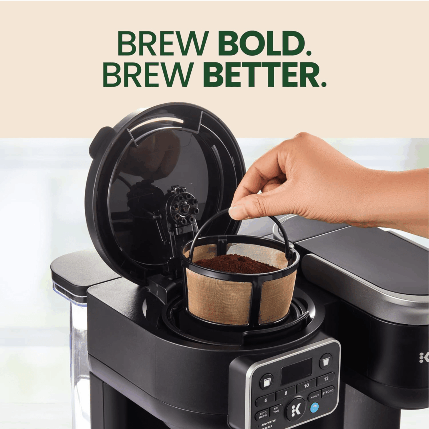 Reusable Mesh Coffee Filter Basket for Keurig K Duo coffee maker, with refillable K Cups Pod by PureHQ. Gold tone carafe replacement filter.