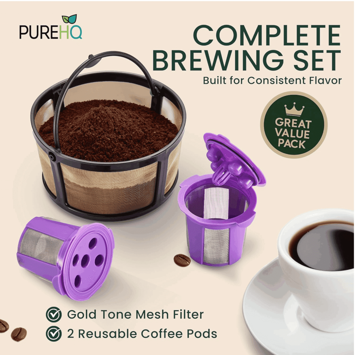 PureHQ Brewing Set: Reusable mesh coffee filter basket for Keurig K Duo with 2 refillable K Cups. Gold tone, value pack.