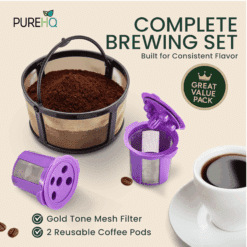 PureHQ Brewing Set: Reusable mesh coffee filter basket for Keurig K Duo with 2 refillable K Cups. Gold tone, value pack.