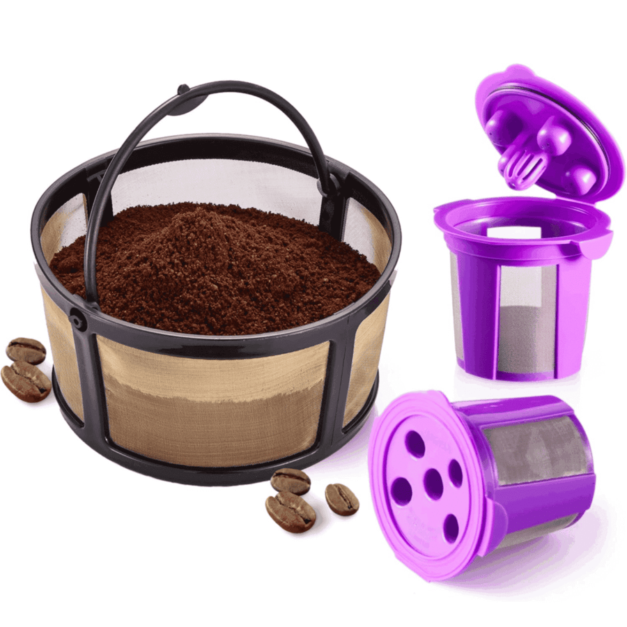Reusable Mesh Coffee Filter Basket for Keurig K Duo & Essentials, with 2 Refillable K Cups Pods by PureHQ. Gold Tone Carafe Replacement Filter.