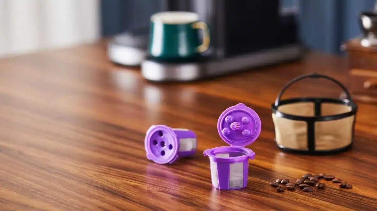 Reusable K-Cups and coffee beans on a wooden table with a Keurig coffee maker.