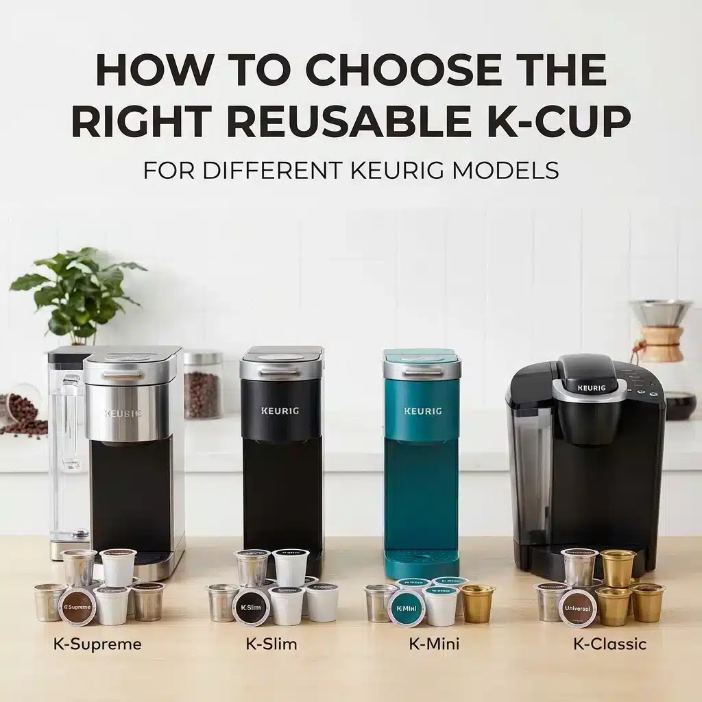 Keurig models (K-Supreme, K-Slim, K-Mini, K-Classic) with reusable K-Cups. Text: How to Choose the Right Reusable K-Cup.