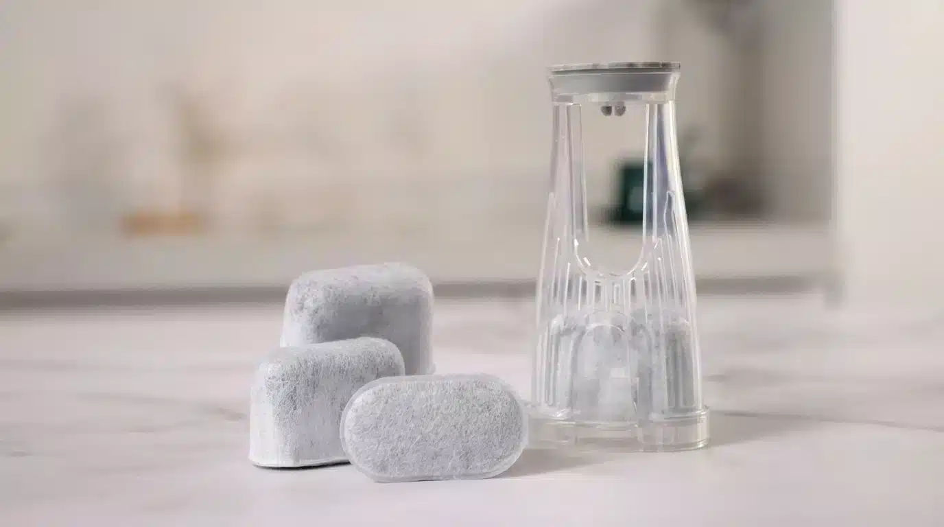 Keurig water filter replacement cartridges next to a Keurig water filter housing.