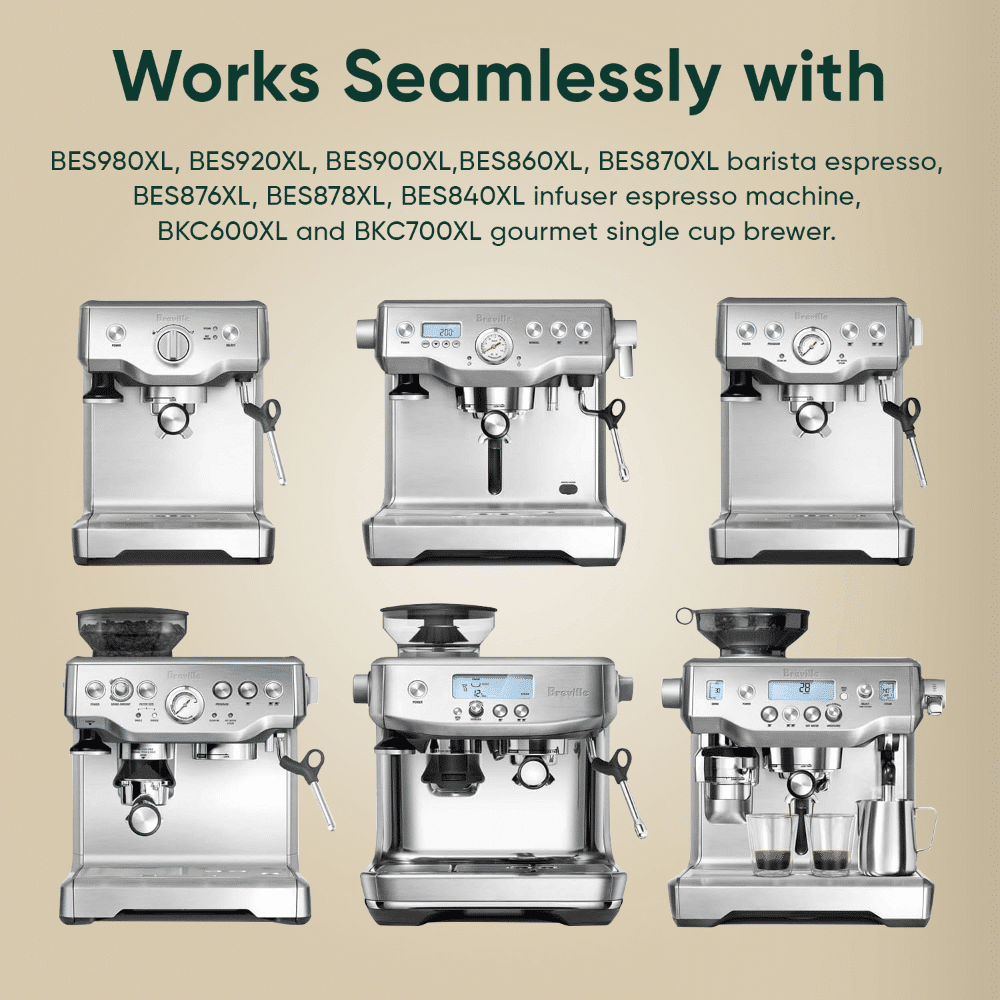 Breville espresso machines: BES980XL, BES920XL, BES900XL, BES860XL, BES870XL, BES876XL, BES878XL, BES840XL, BKC600XL, BKC700XL. Water filters improve taste.