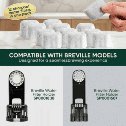 Water Filters for Breville Espresso Machines: 12 pack replacement filters with SP0001838 & SP0001507 filter holders.