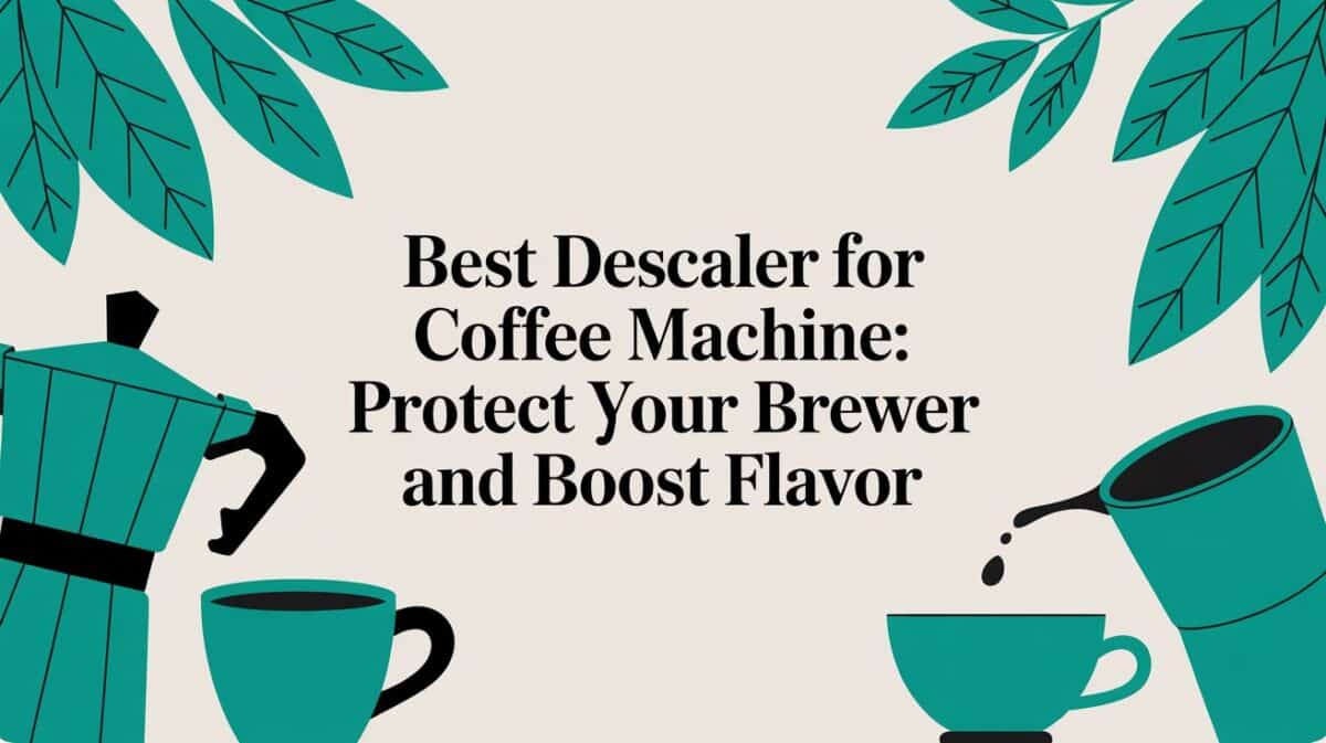 Best descaler for coffee machine image. Coffee maker and cup illustration.