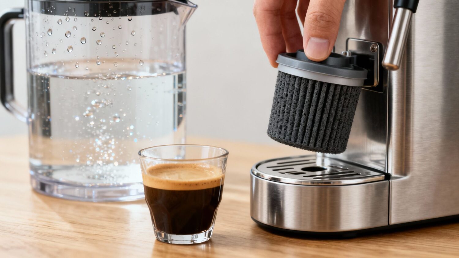 Espresso machine with filter, glass of espresso, and water pitcher on wood table.