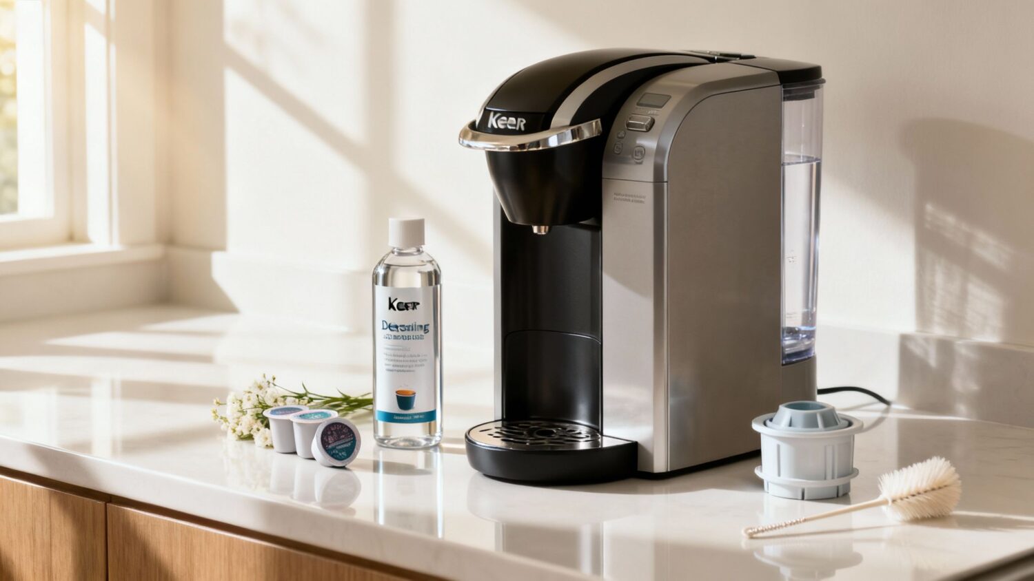 Keurig coffee maker with descaling solution and K-Cups on counter