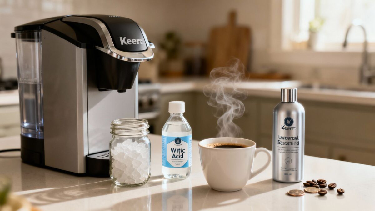 Keurig coffee maker with descaling solutions, coffee cup, and sugar.