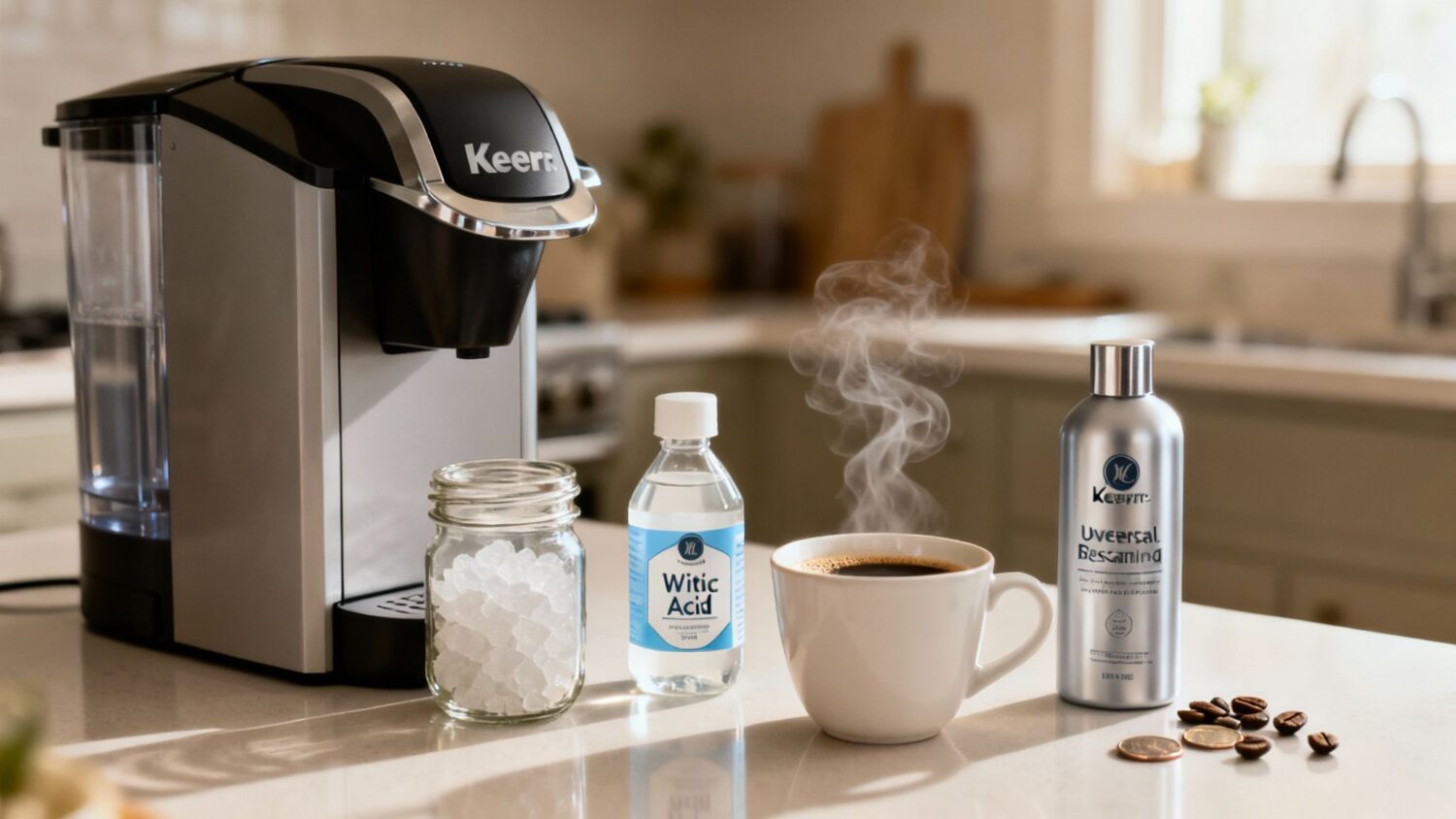 Keurig coffee maker with descaling solutions, coffee cup, and sugar.