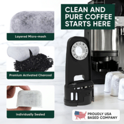 PureHQ Ninja Luxe Cafe water filter cartridge; premium activated charcoal, layered micro-mesh, individually sealed.