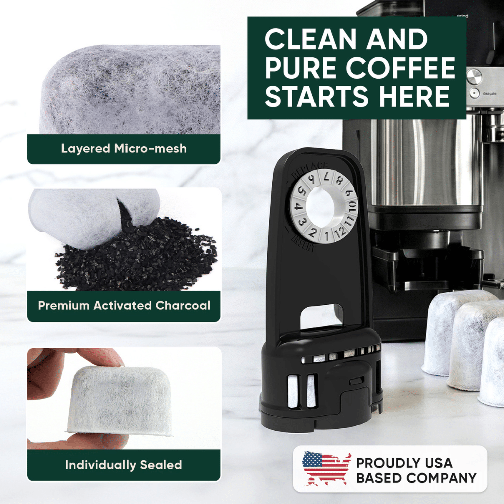 PureHQ Ninja Luxe Cafe water filter cartridge; premium activated charcoal, layered micro-mesh, individually sealed.