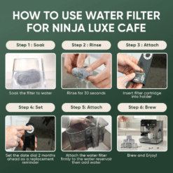 Ninja Luxe Cafe water filter instructions. Steps include soaking, rinsing, attaching filter, setting date dial, and brewing.