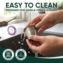 Easy to clean Reusable K Cups for Keurig: Stainless steel refillable coffee pods being rinsed under running water. Dishwasher safe.