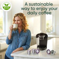 Woman enjoying coffee with Keurig & Reusable K Cups. Stainless steel refillable pods for Keurig 1.0 & 2.0 brewers.