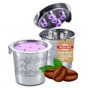 Reusable K-Cups: Stainless steel reusable K-Cups with coffee beans. Proudly American-owned business.