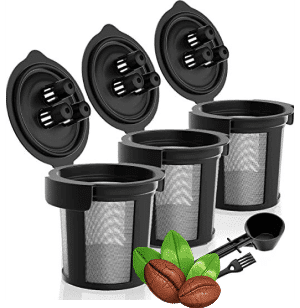Reusable K-Cups with lids, coffee beans, and scoop. Great Keurig water filters alternative.