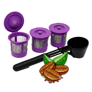 Reusable K-Cups and scoop for Keurig coffee makers, with coffee beans.