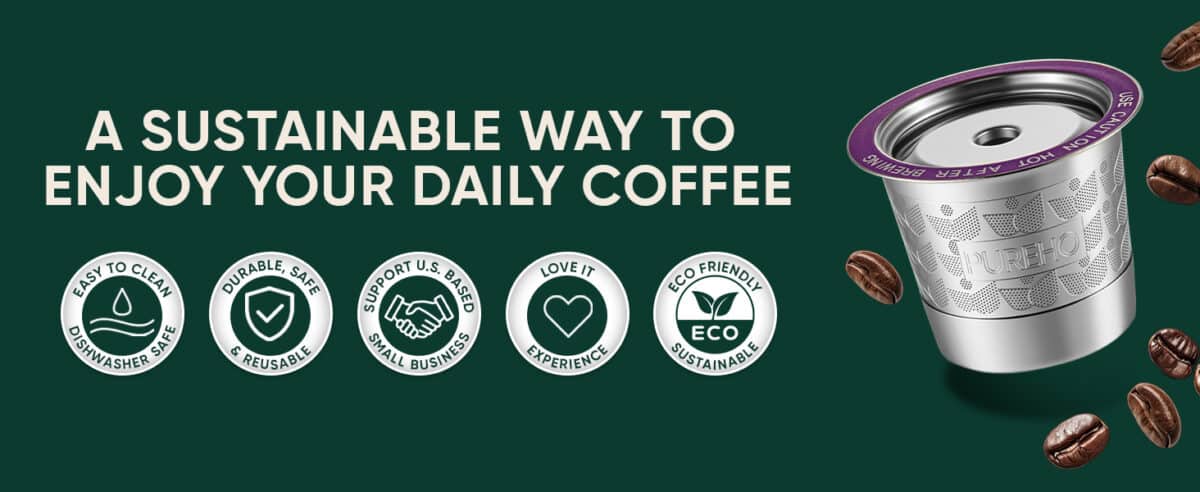 Stainless steel reusable K cup for Keurig brewers, featuring eco-friendly icons.