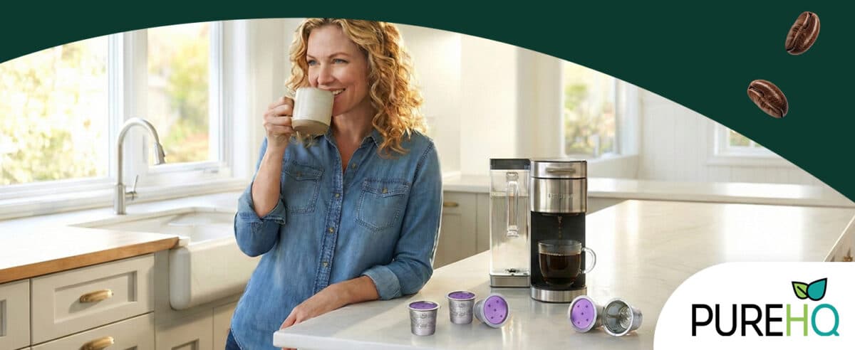Two stainless steel reusable K cups sit on a kitchen counter next to a coffee maker.