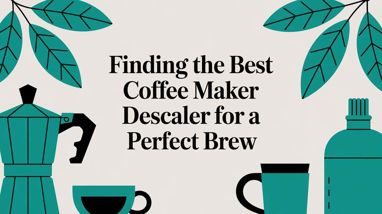 Coffee maker descaler blog image: Moka pot, coffee cups, and a bottle.