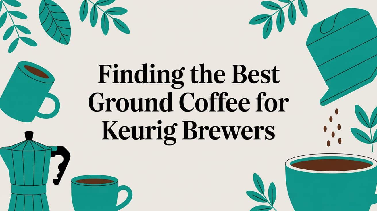 Ground coffee for Keurig brewers illustration with coffee cups and beans.