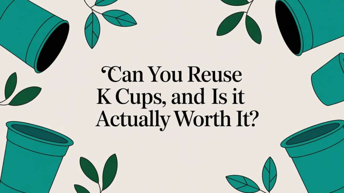 K-Cups reuse question graphic with teal cups and leaves. Text: "Can You Reuse K Cups, and Is it Actually Worth It?