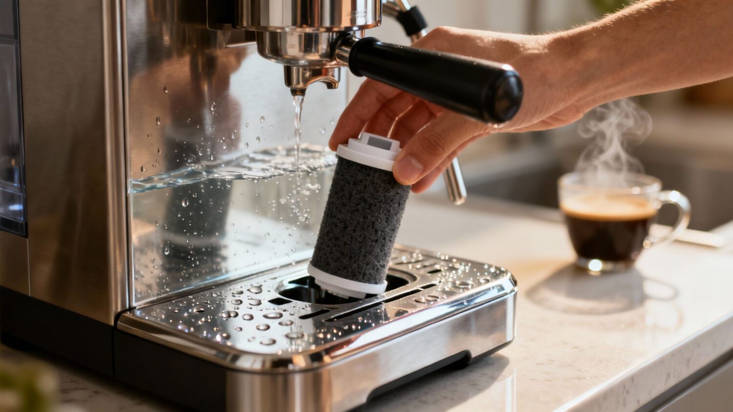 Replacing water filter in stainless steel espresso machine.