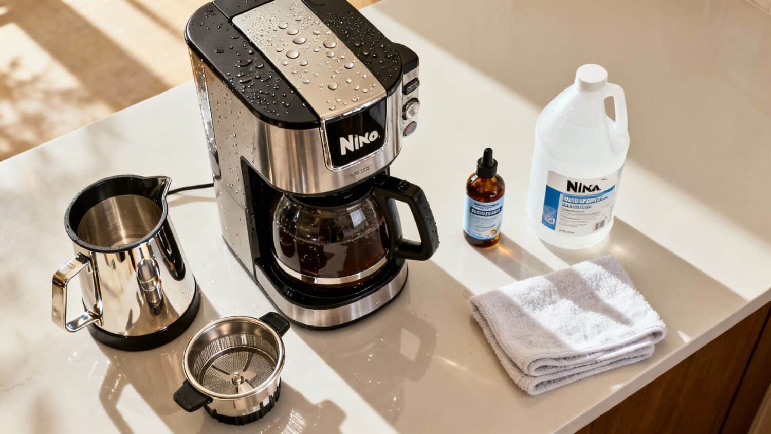 Coffee maker with vinegar, cleaning supplies on countertop.
