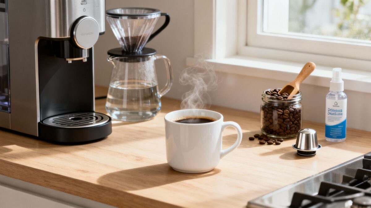 Coffee brewing setup: drip coffee maker, pour over, coffee beans, and a steaming mug.