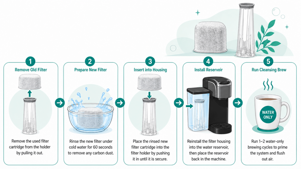 Step-by-step guide to installing a water filter in a coffee maker, showing rinsing and insertion.