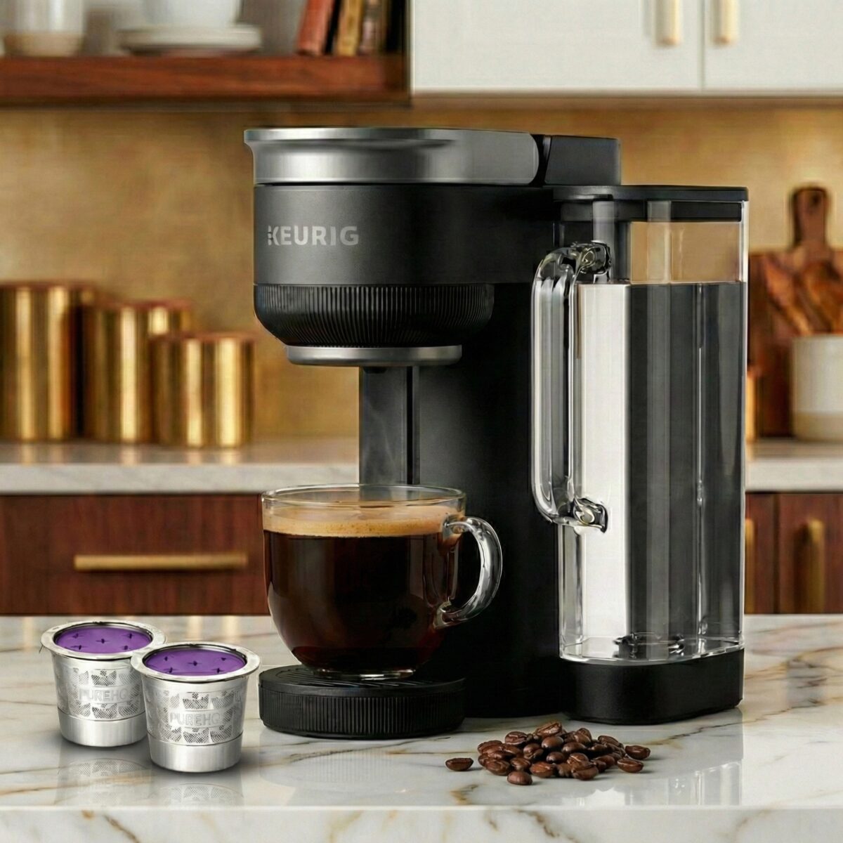 Keurig K-Crema coffee maker with PureHQ stainless steel reusable K-Cups and a cup of coffee.