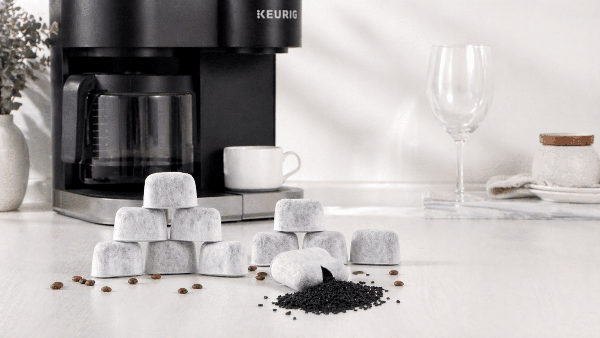 Keurig coffee maker with water filter charcoals and coffee beans