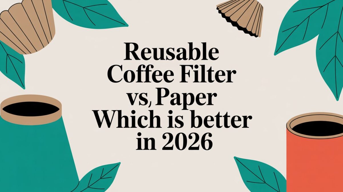 Reusable coffee filter vs. paper filters illustration for 2026 comparison.