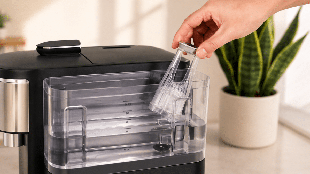 Hand placing a water filter into a coffee maker reservoir with water level markings.