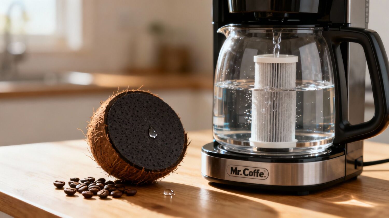 Mr. Coffee maker brewing with coconut charcoal filter, coffee beans on wood table.