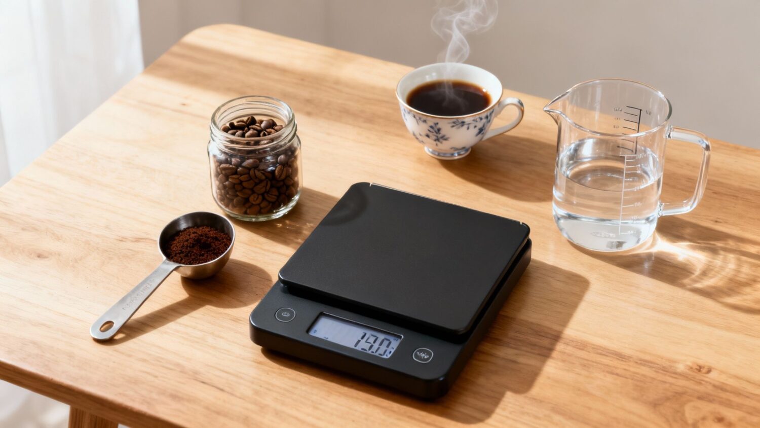 Coffee beans, scale, and a cup of coffee on a wooden table