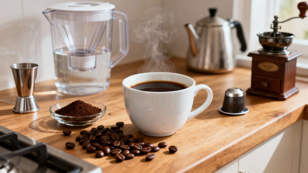 Coffee setup with beans, grinder, and steaming cup of coffee.